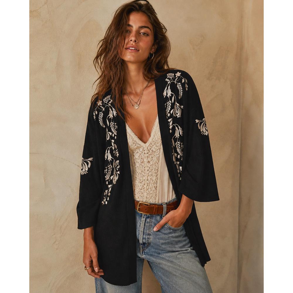 Women's Embroidered Floral Cardigan Kimono Size L Black Open Front Duster Boho